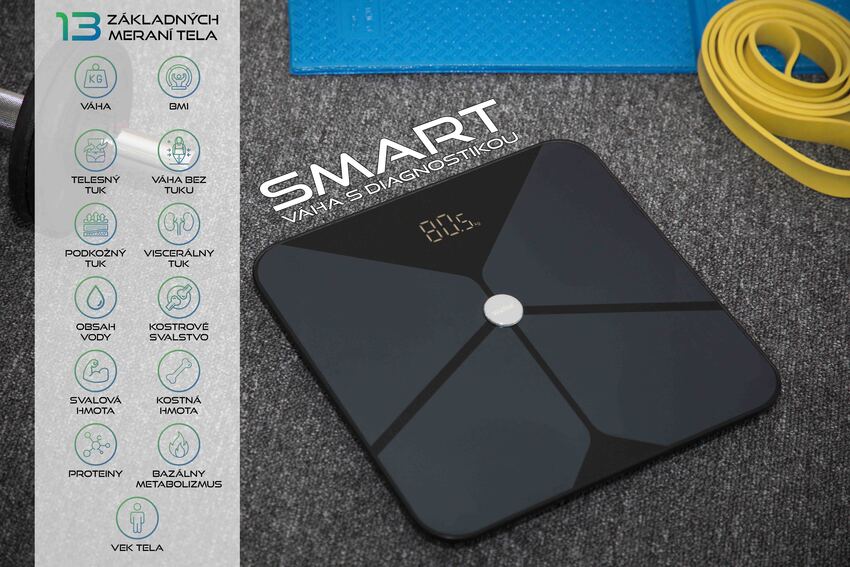 SMART váha s diagnostikou 13 telesných parametrov + Bluetooth a mobilná aplikácia