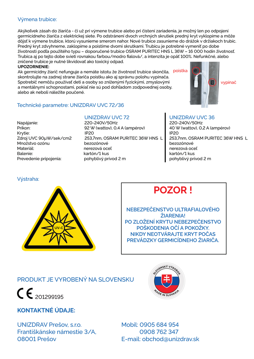 Germicídny žiarič UNIZDRAV s displejom uzavretý mobilný UVC 36 – čierne vyhotovenie - 117 HODÍN POUŽÍVANIA